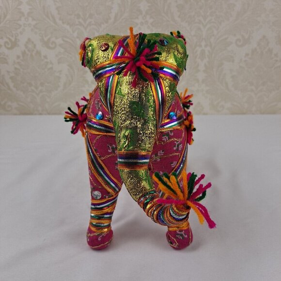 Pair of Fabric Elephants Free Standing Pink Orange Gold Sequins  Beads Tassels - Picture 10 of 15